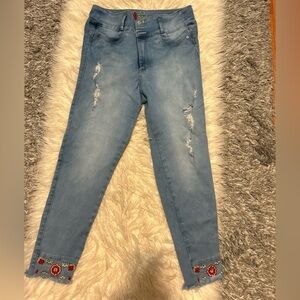Light Wash Denim Jeans with Floral Embroidery